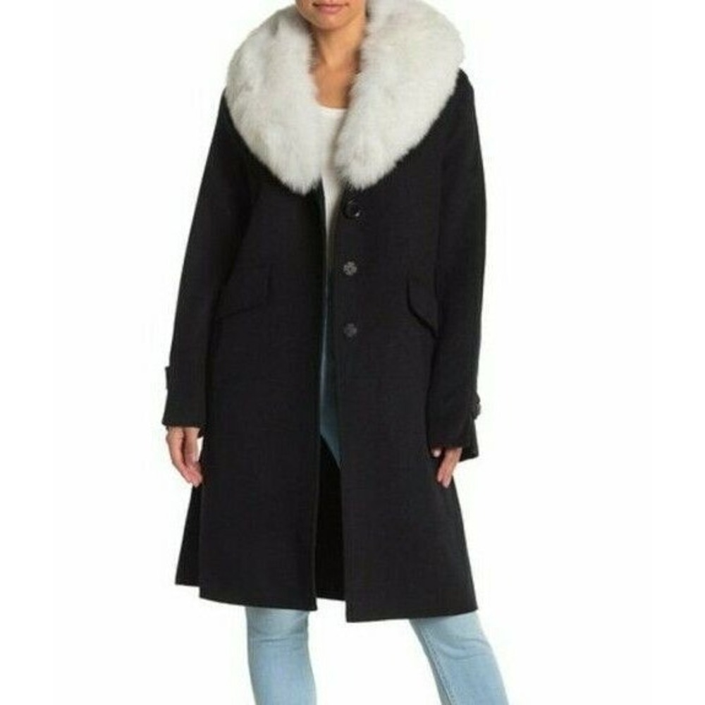 Derek Lam 10‎ Crosby Wool Blend Reefer Coat Faux Fox Fur Trim Navy Size Medium